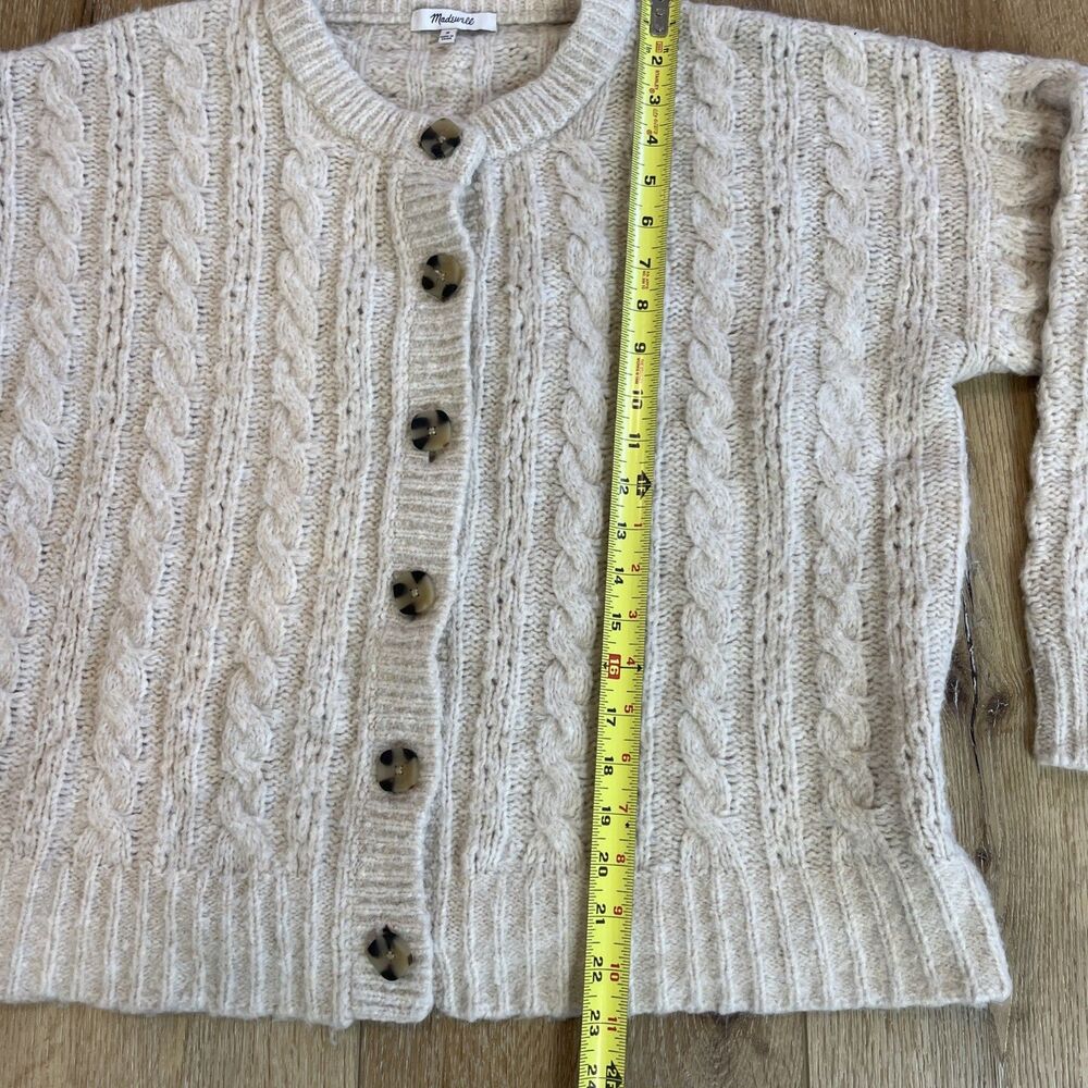 Madewell Pointelle Cable Cardigan Sweater M Oatmeal Wool Blend Oversized Prep - Picture 4 of 8
